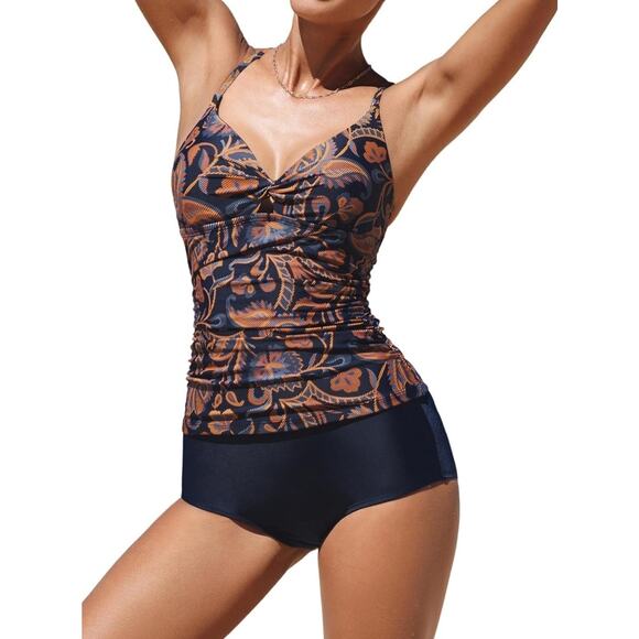 Cupshe Other - CUPSHE Tankini Set Swimsuits V Neck Ruched Top Criss Cross Back - NWT - Sz M
